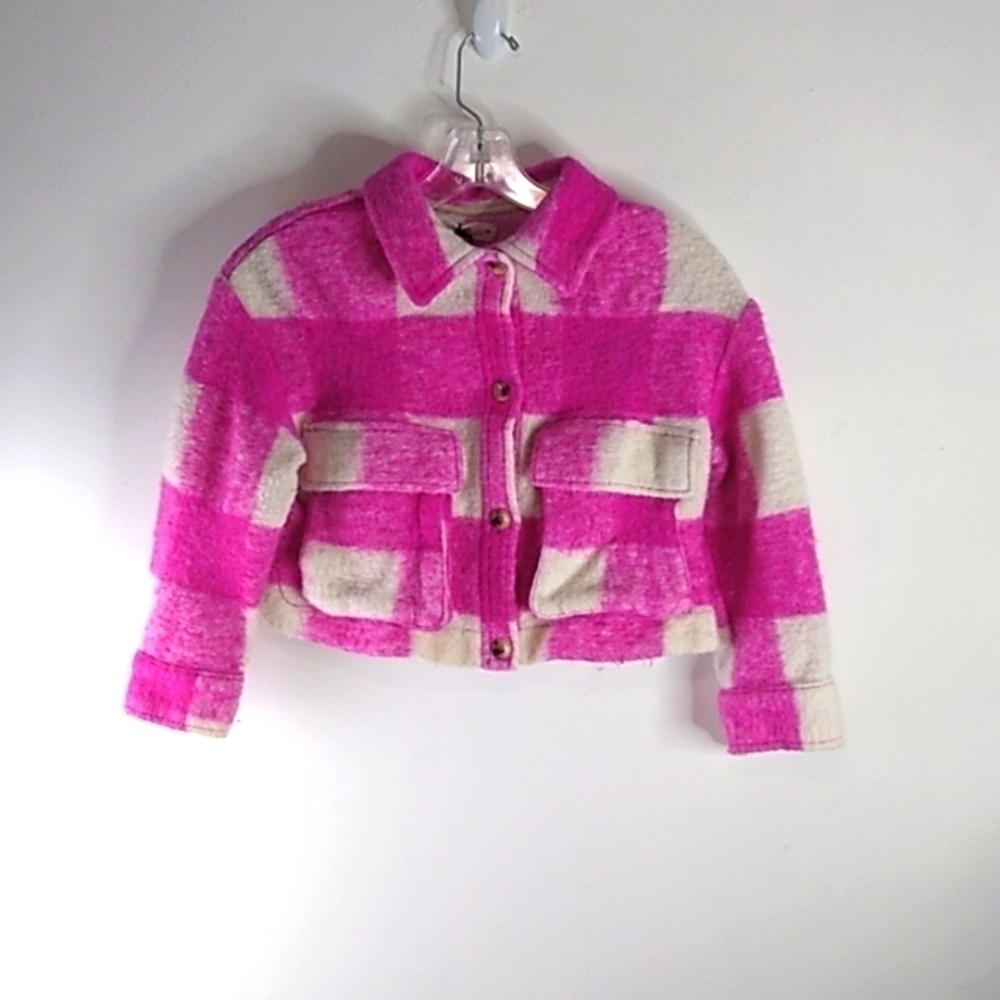 Zara - Pink/White Long Sleeve Cropped Wool Blend Jacket - Size 10